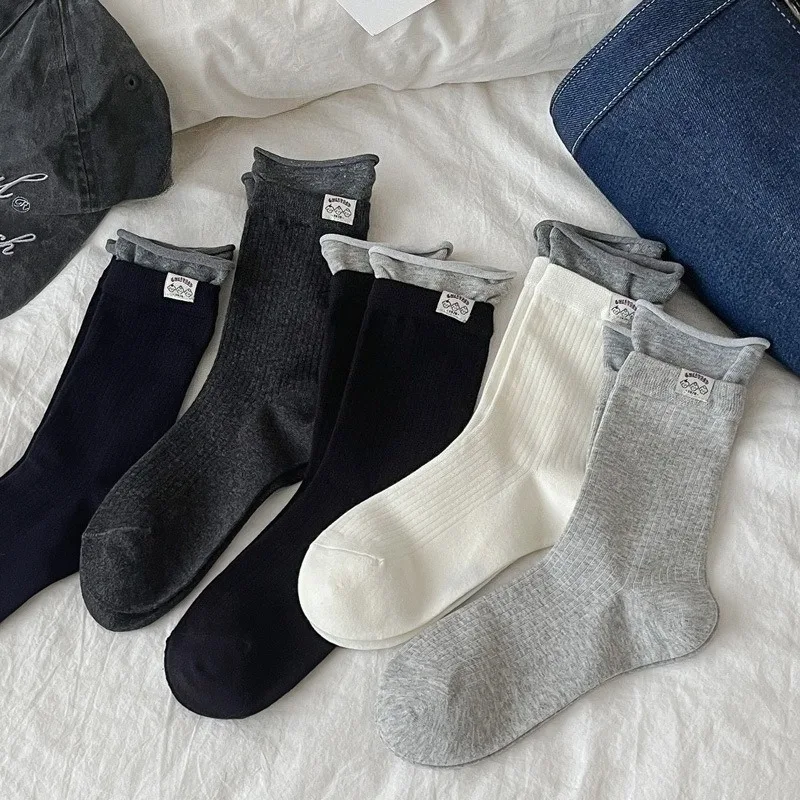 5 Pairs White Mid-Calf Socks Cotton Spring Fall Korean-Style Athletic School Socks Female Fancy Winter Socks Woman High Quality