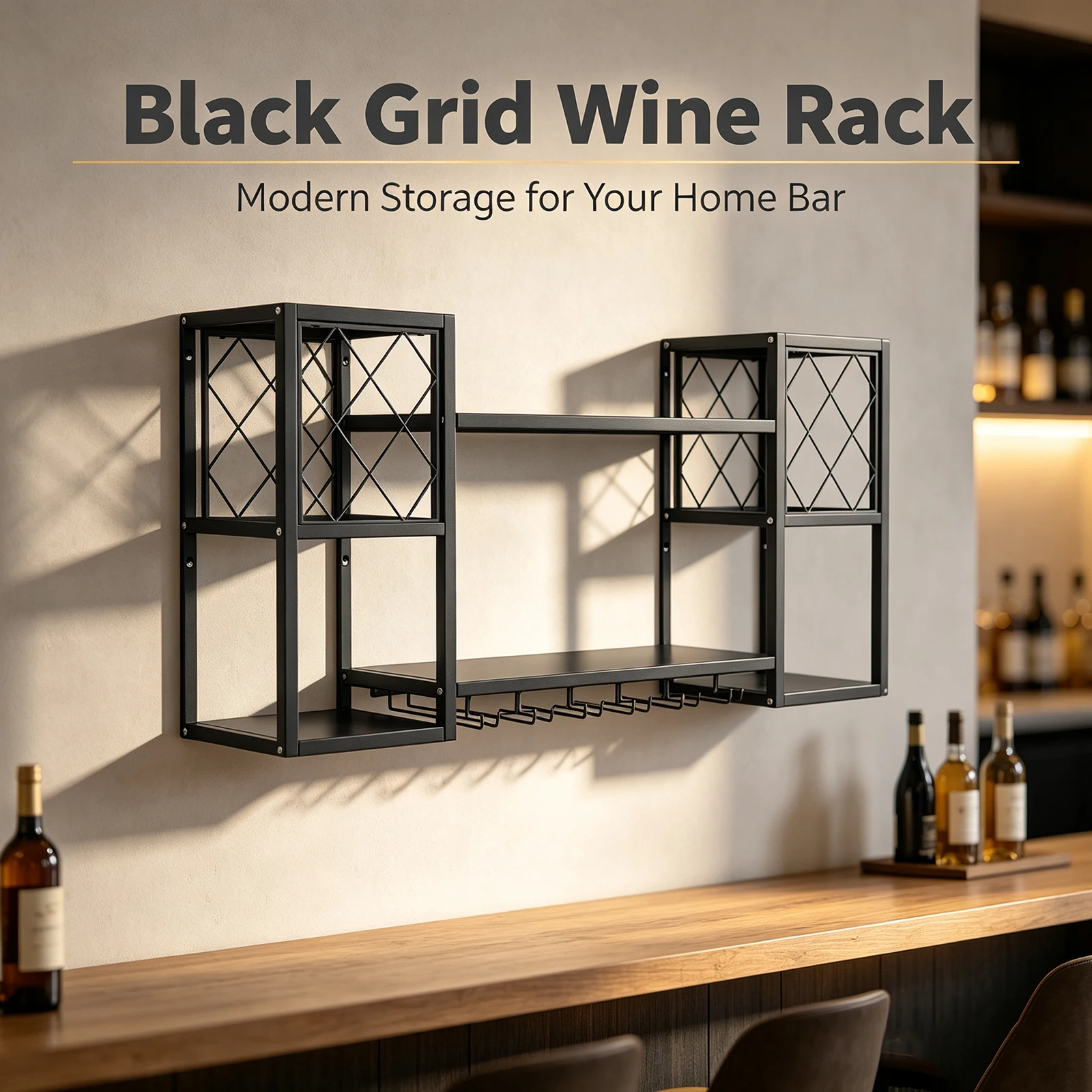 2-Tier Metal Wall-mounted Wine Rack 120*25*60 CM Metal Floating Bar Liquor Bottle Shelves for Kitchen Dining Room Bar Home Display