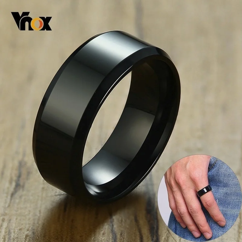 Vnox 8mm Classic Black Ring for Men Women Glossy Surface Stainless Steel Wedding Band Casual Anel