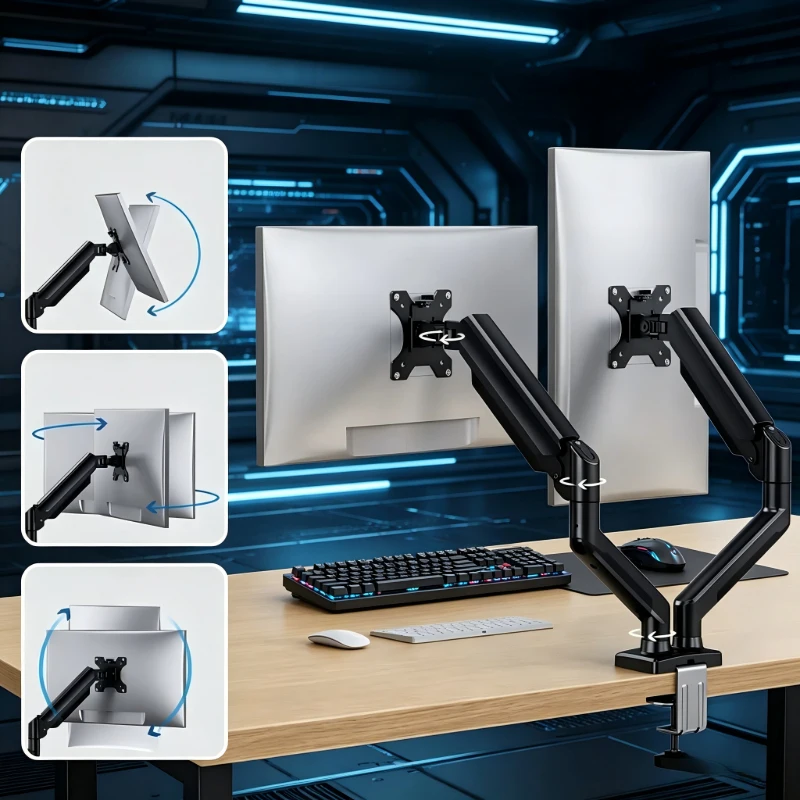 Soporte de Brazo Doble Ajustable Negro, Soporte para Dos Pantallas de 13-32 Pulgadas, 90 °   Inclinación, 360 °   Rotación, métodos duales de montaje en escritorio de oficina