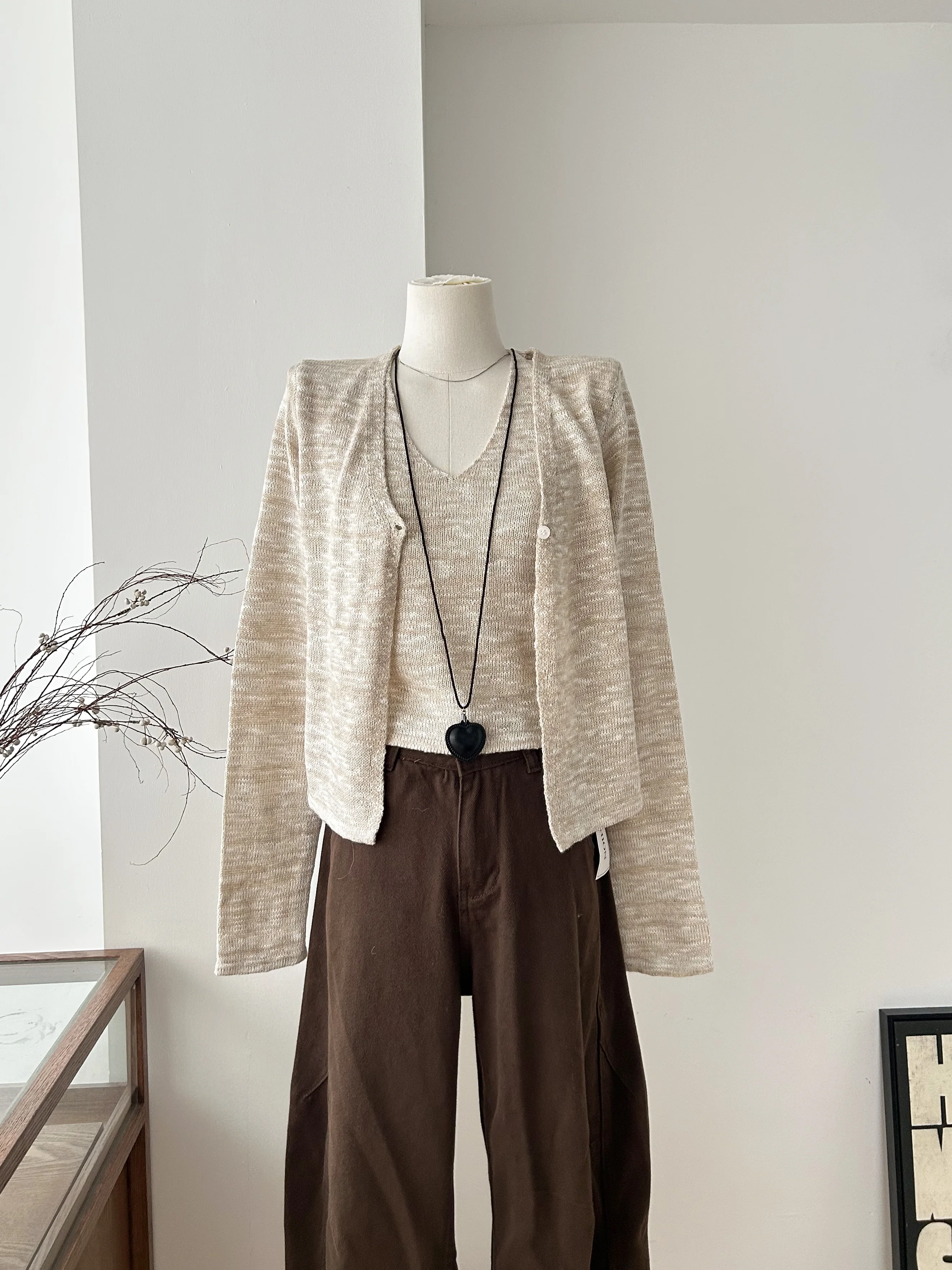Women's Autumn Winter Casual Two Pieces Cardigan Set Lady V Neck Loose Cardigan + Halter Neck Tank Top