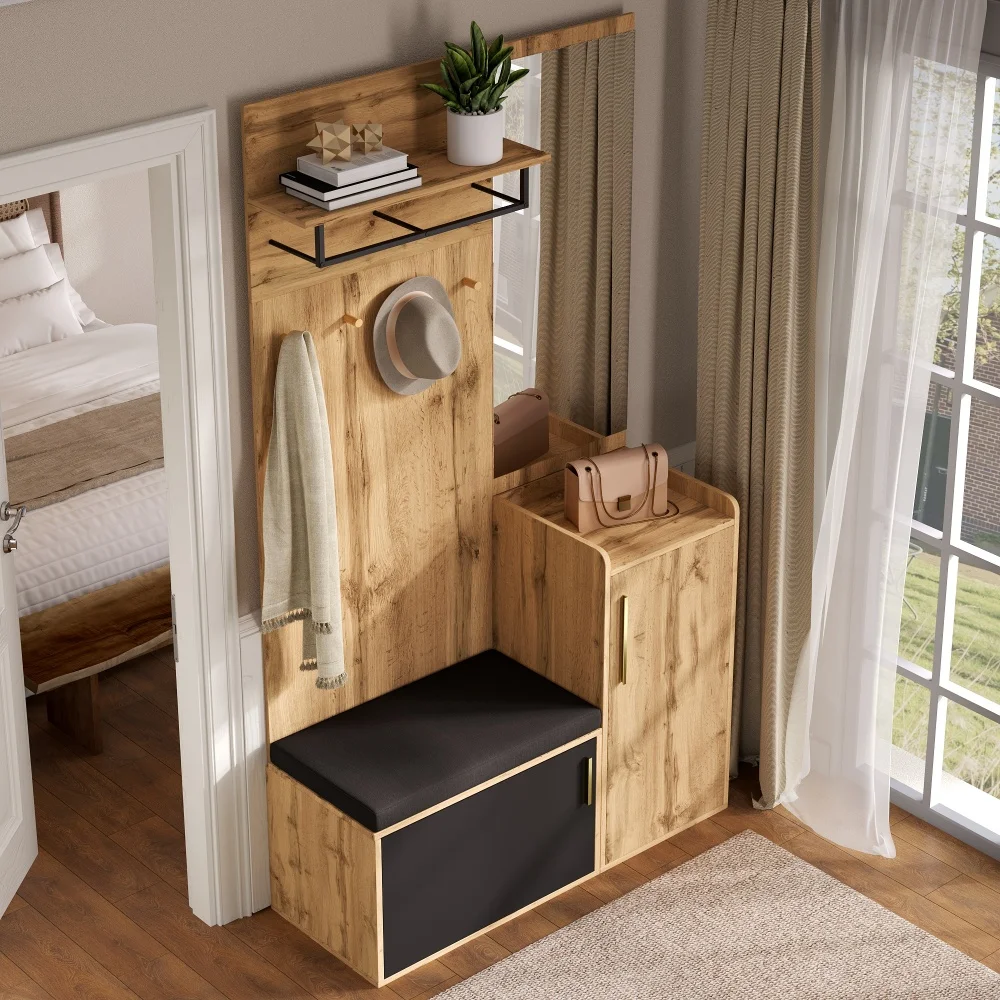 PINGGO Kompakter Kleiderschrank mit Spiegel und Sitzfläche, Kleiderschrank mit Schuhregal und Haken, kompakter Kleiderschrank, der an der Wand bohren muss – Detail 6