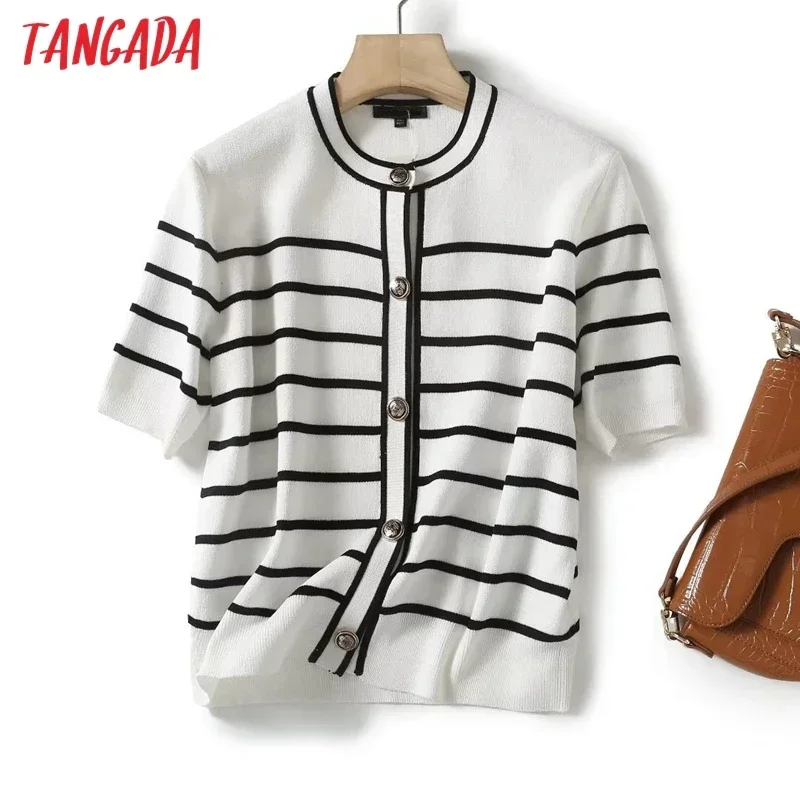 Tangada 2024 Women Striped Crop Knit Cardigan Sweaters Short Sleeve Female Outerwear 4C413