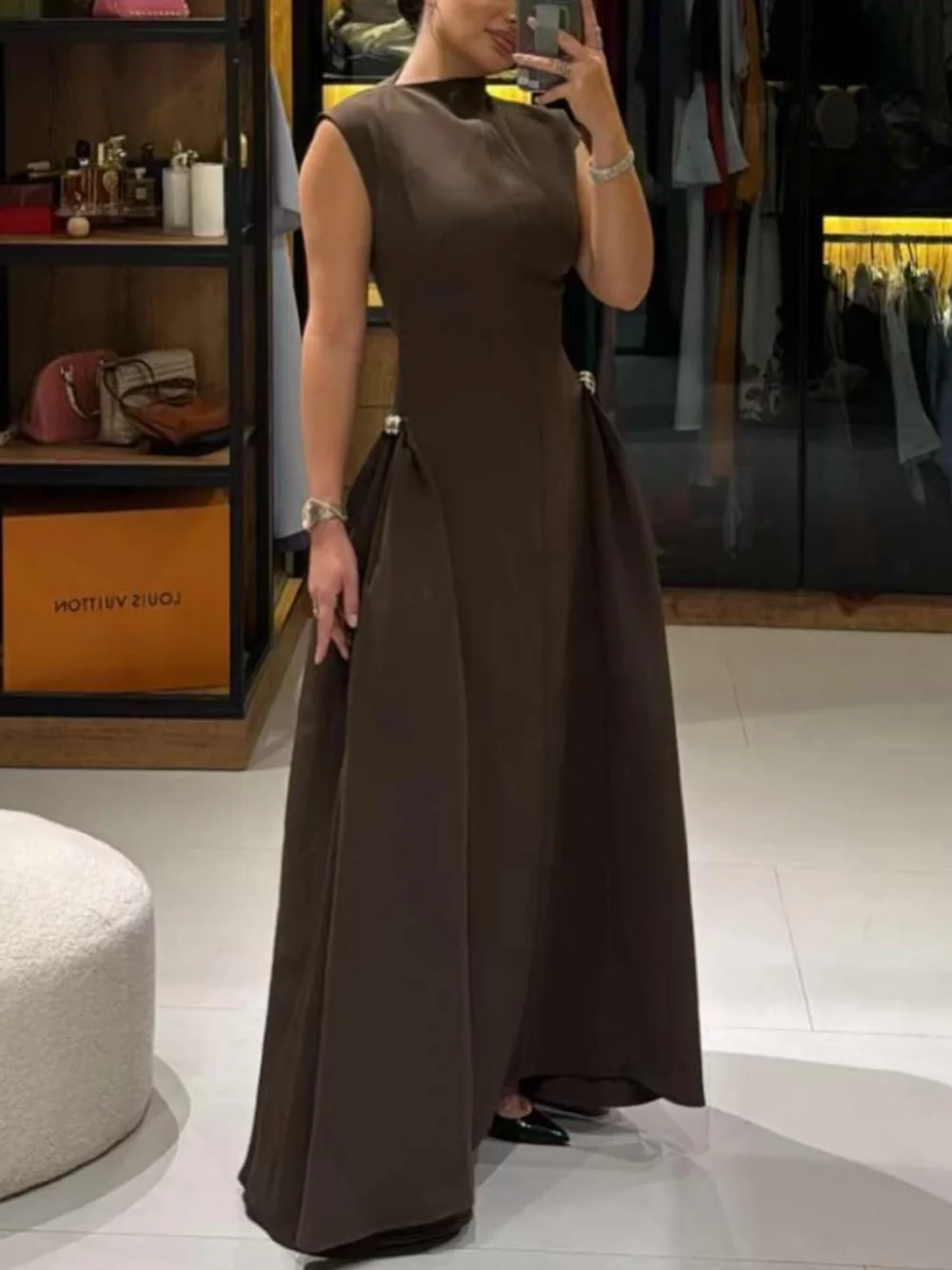Elegant black long dress women fashion high collar sleeveless pleated dress 2025 spring and summer party ladies evening dress