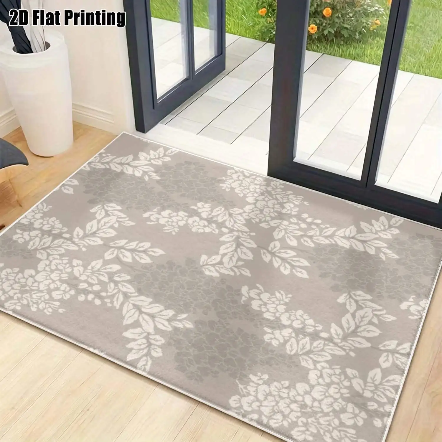 1Pc 2D Printed Velvet Carpet with Beige Leaf-Flower Pattern, Nordic Modern Minimalist Style, Multi-Size, Machine Washable for Home Decor, Multi-Scene Use