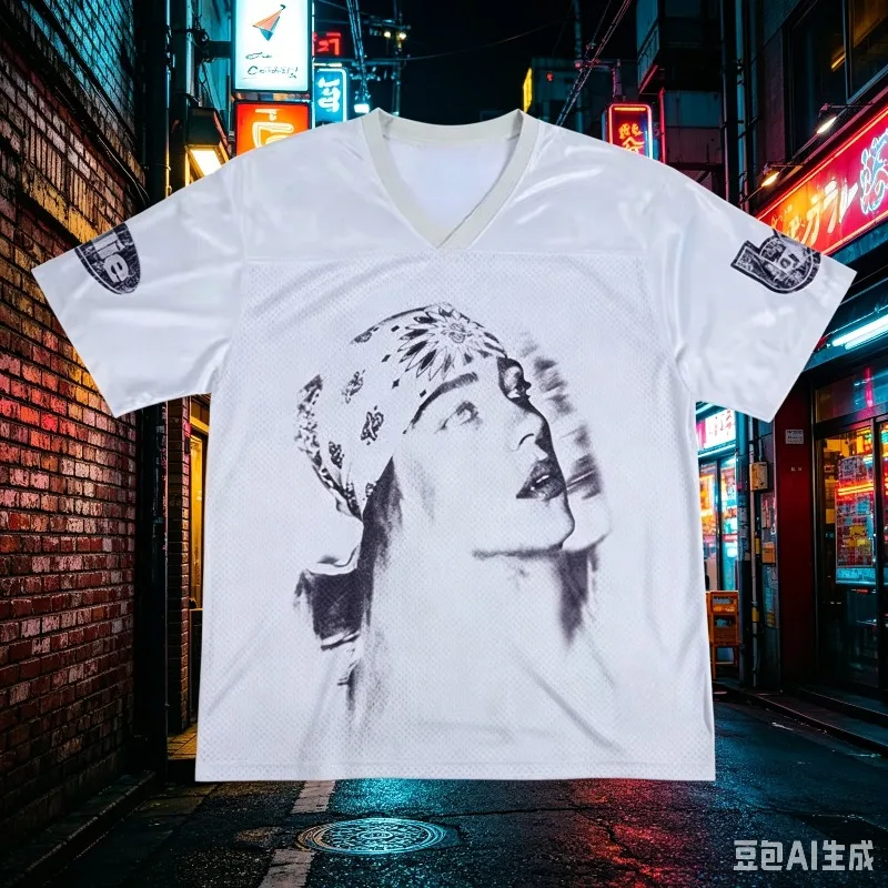 2026 Summer Unisex V Neck Jersey T-Shirt Breathable Mesh Short Sleeve Casual Streetwear Retro Sports Tee for Fans Casual T-Shirt