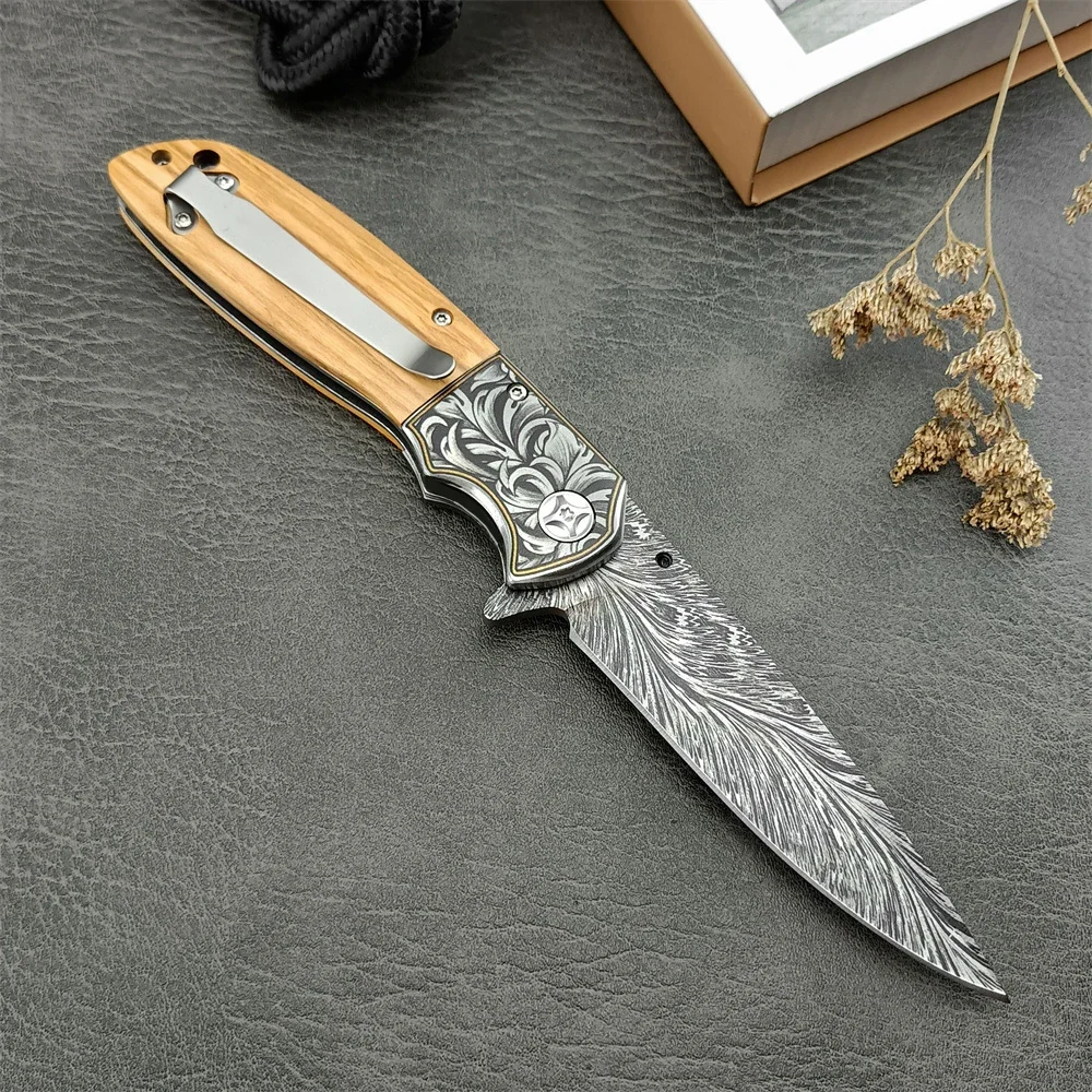 Outdoor Hunting Knife Pattern 8Cr13Mov Blade Colored Wood Handle Folding Knife Camping Tactical Rescue Tool with Pocket Clip