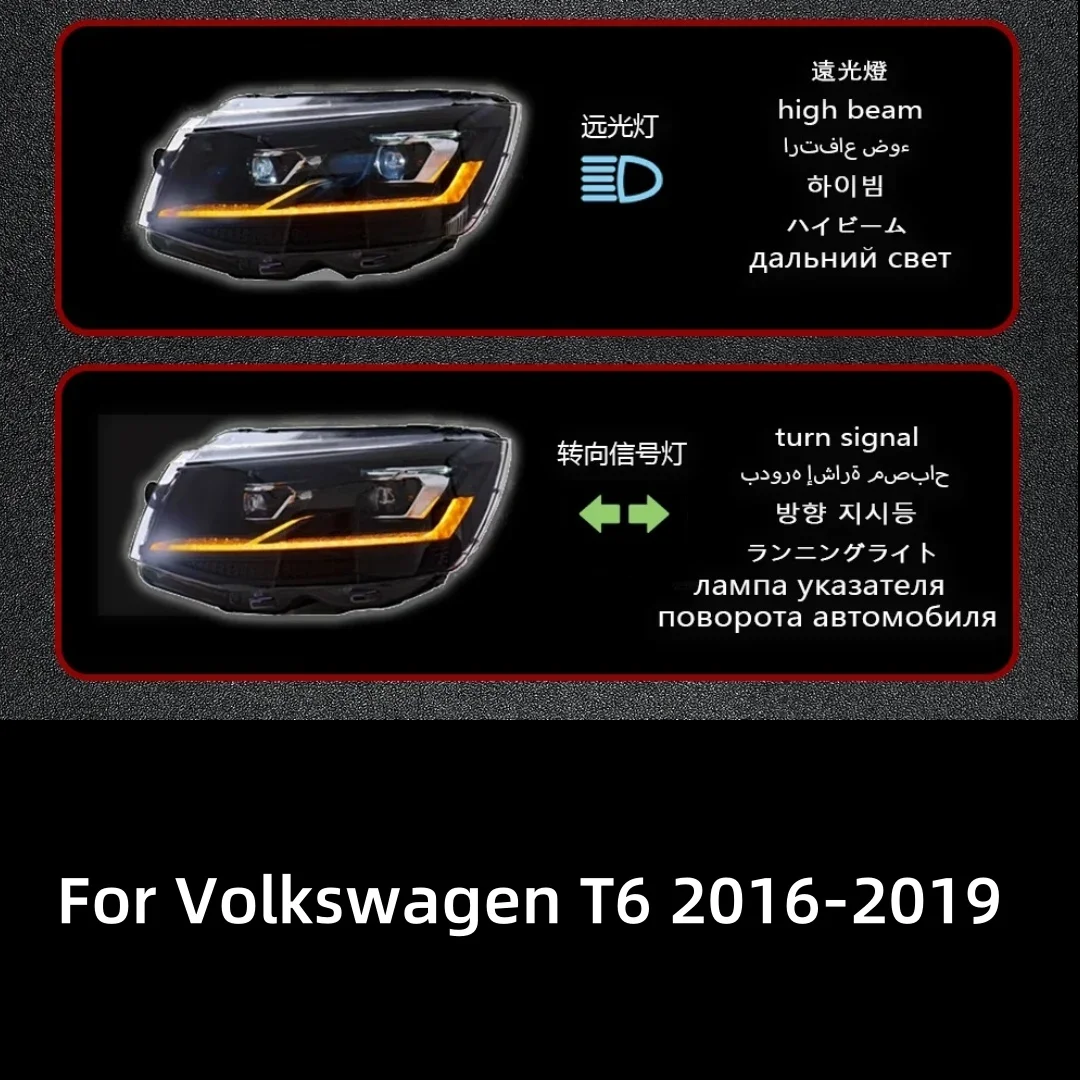 GXGLNAV Lampy samochodowe do Volkswagen Multivan Caravelle T6 2016-2019 Zmodyfikowane reflektory LED z projektorem Światła do jazdy dziennej Kierunkowskazy Światła stop