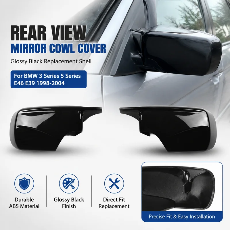 For BMW 3 Series 5 Series E46 E39 1998-2004 Left Right Side Rear View Mirror Cowl Cover Glossy Black Replacement Shell