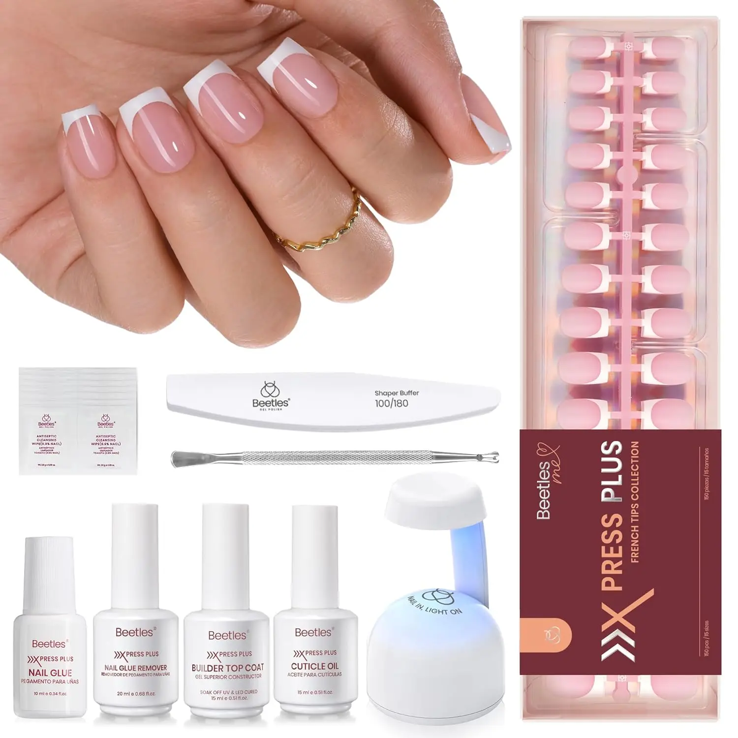 

Glow French Pink Short Square Press On Nails Kit - 150Pcs All-in-One with Glue, Remover, Coat & Lamp Gift