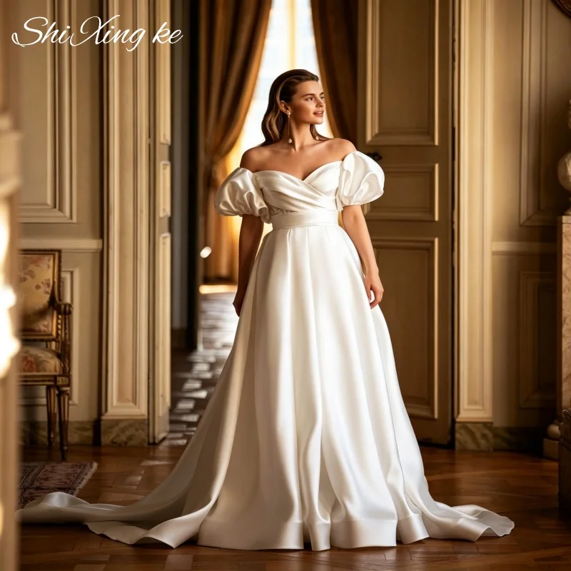 Natural Waist Satin Wedding Dress Off‑Shoulder Puff Sleeve Chapel Train Button Back Vestidos De Novia Customized