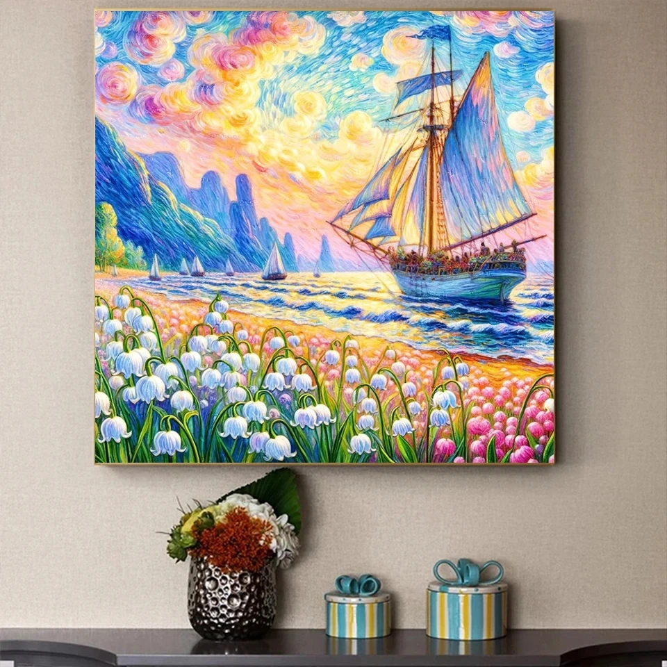 5D Large Diamond Painting New Arrivals Daisy Flowers Ship Diamond Full Drill Embroidery Sea Mosaic Sailboat Scenery Home Decor