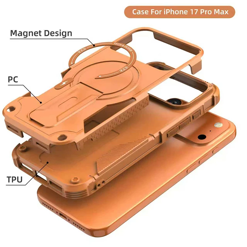 Funda Protectora para Teléfono con Soporte Invisible, Armadura Absorbente de Impactos de Alta Resistencia 2 en 1 Magnética Magsafe para iPhone 18 Pro Max 17