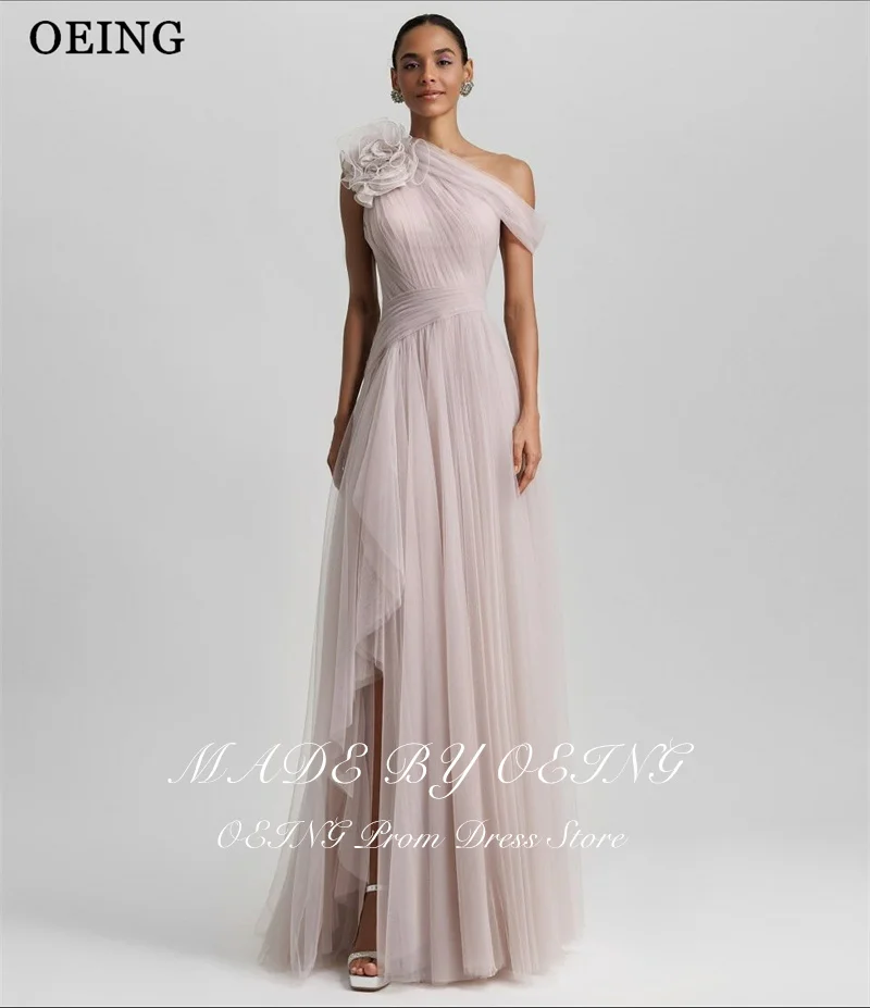 OEING Elegant A-Line Green Prom Dress One Shoulder Side Slit Flower Floor Length Evening Party Dress Gala vestidos Customized