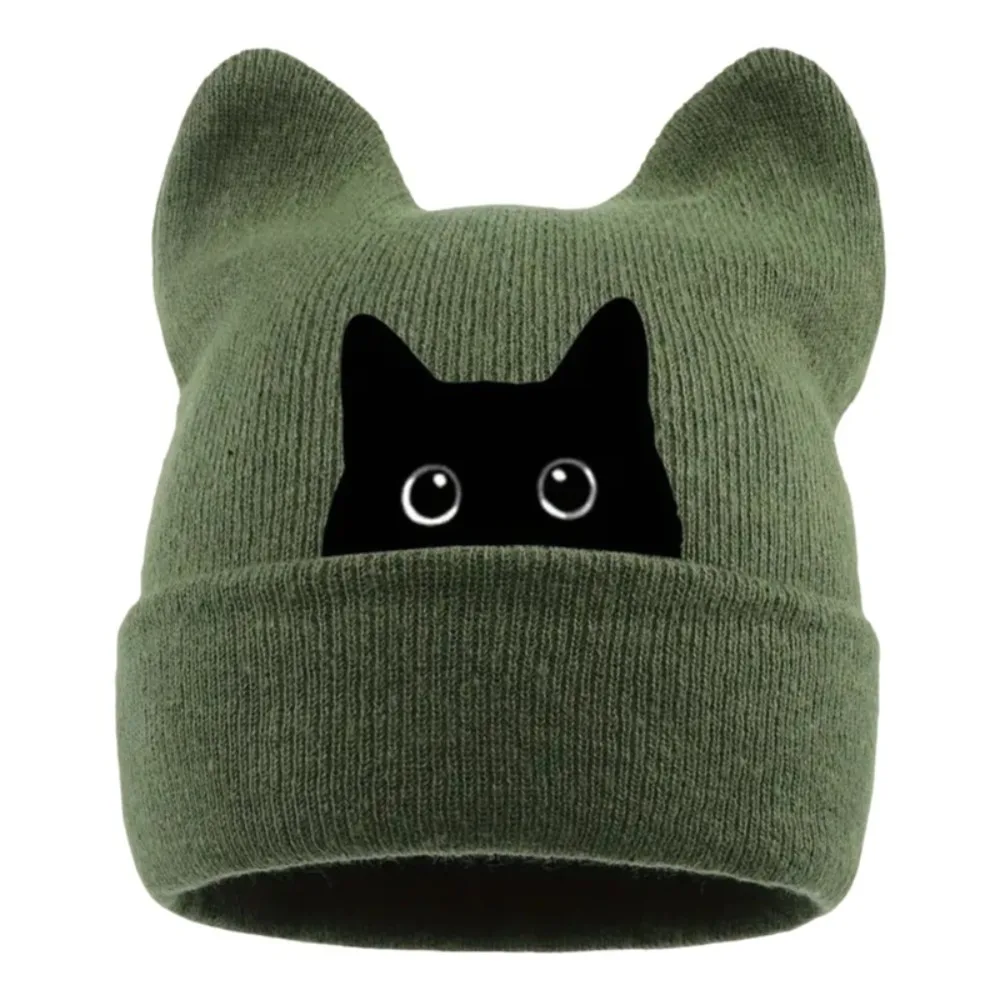Casual Knit Cat Ear Beanie Hat Stretchable Punk Gothic Brimless Skull Cap Y2K Harajuku Winter Knit Hat Spring Autumn Winter