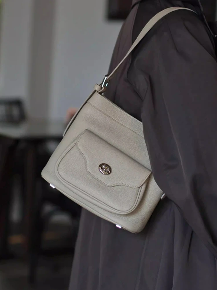 Black Fashion Genuine Leather Women Tote Bucket Bag\Handbag Simple Real Leather Lady Underarm Shoulder Crossbody Bag New