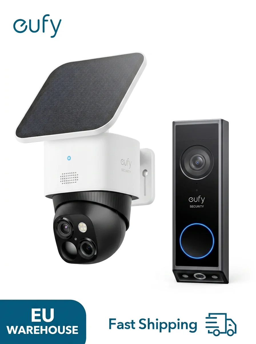 Eufy Security Lot de 2 caméras S340 & E340, caméras de sécurité solaires sans fil pour l'extérieur, caméras pour la sécurité domestique, 360 °   Surveillance panoramique et inclinable, sans angles morts, Wi-Fi 2,4 GHz, sans frais mensuels, compatible HomeBase S380