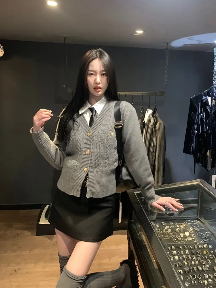 Deeptown Japanese Style Gray Sweater Cardigan Women Harajuku  JK Uniform Slim V-neck Knitted Tops Korean Preppy College Jumper