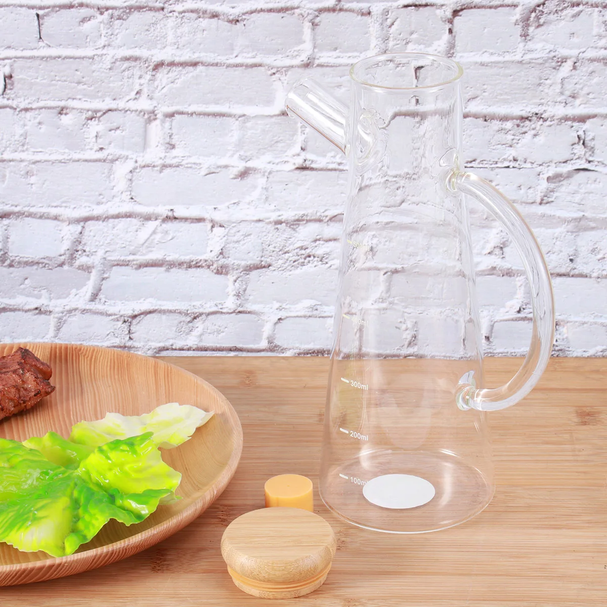 

500Ml Transparent Glass Oil Dispenser With Scale Bamboo Lid Drip-Free Pourer For Olive Oil Vinegar Soy Seasoning