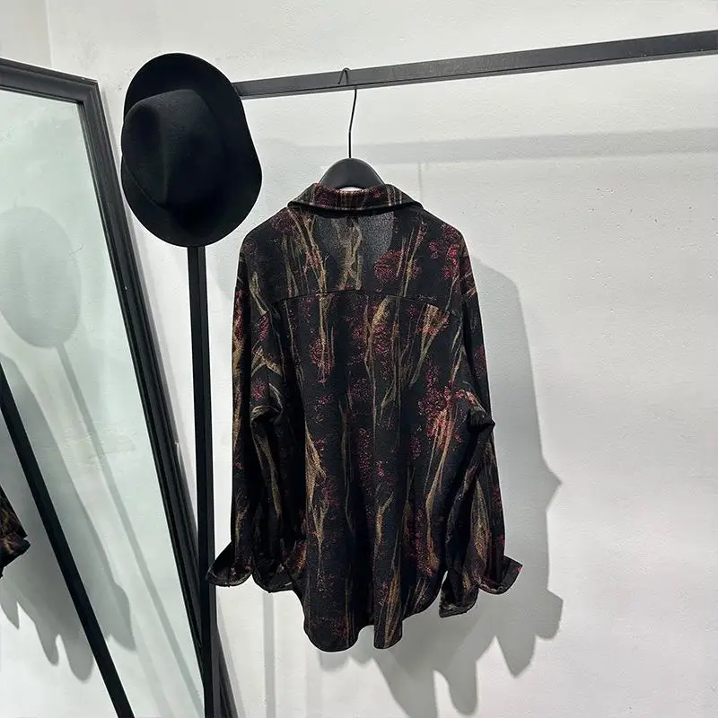 High-End Fashion Irregular Sequins Cool Ironing Free Long Sleeves Shirt Dark Avant-Garde Red for Men and Women