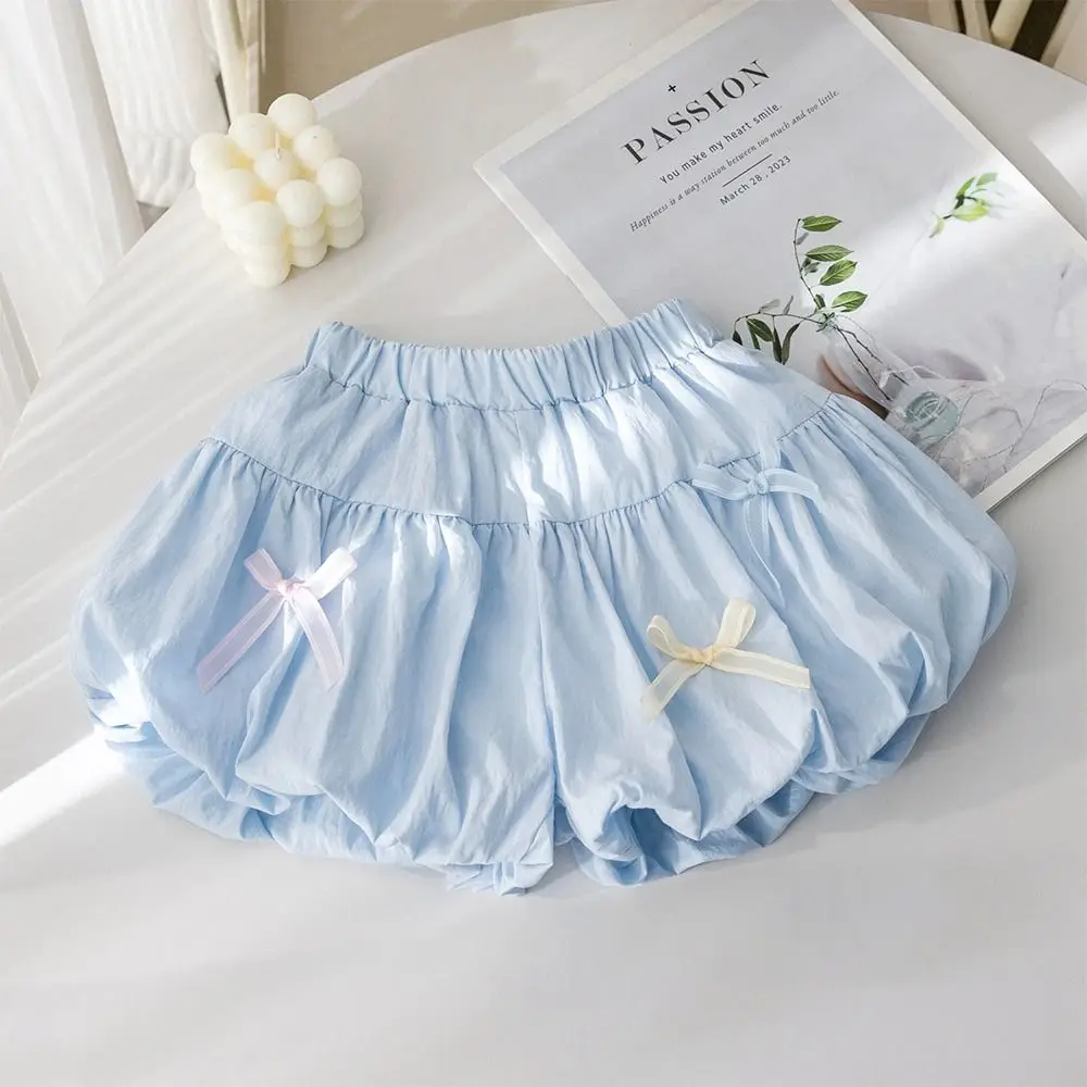 Solid Color Girls Shorts Elastic Waist Bow Decorative Toddler Shorts Puffball Shorts Side Seam Children's Clothing 3-7 Years