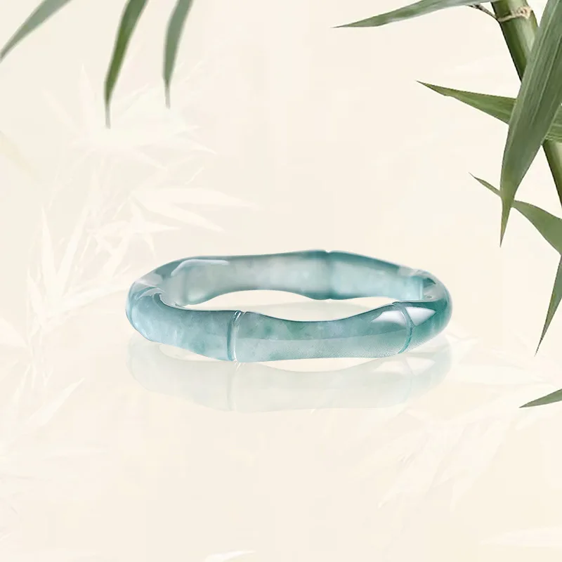 

Natural A Goods Emerald Blue Water Bamboo Ring Three-dimensional Carved Ice Fashion Jewelry Men and Women's Holiday Gifts