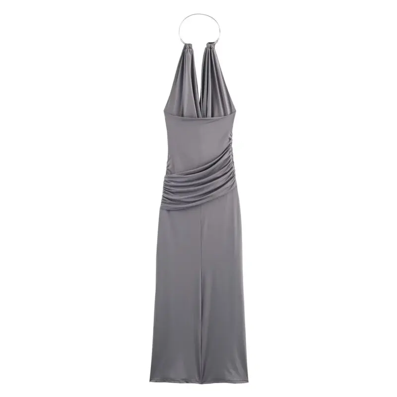 Vestido elegante con cuello Halter gris de alta calidad, vestido de fiesta de noche Sexy con hombros descubiertos, sin mangas, vestidos de belleza sin espalda, sencillo y delgado