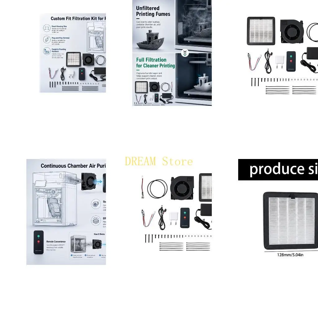 3D Printer Air Filter With Handheld Controller, Carbon Filter Fan Set, Cable Parts, and Mounting Hardware for Indoor Enclosure