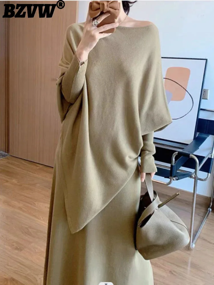 BZVW Temperament Knitted Set Skirt For Women 2024 New Autumn Winter Bat Sleeves Loose Sweater Half Dress Two Piece Set 25X2895