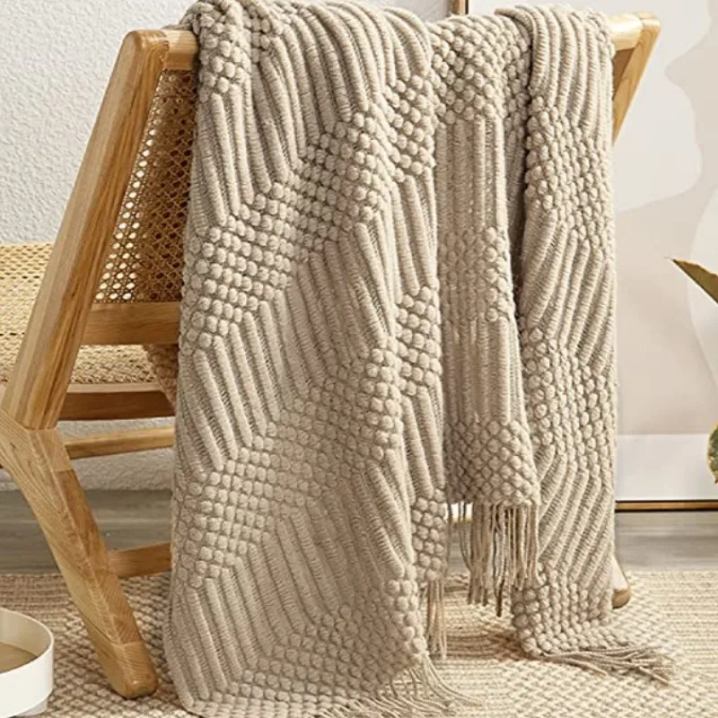 Khaki Knitted Throw Blankets With Tassels Overzised Cozy Textured Chunky Farmhouse Outdoor Vintage Gift Blankets Manta Para Sofá