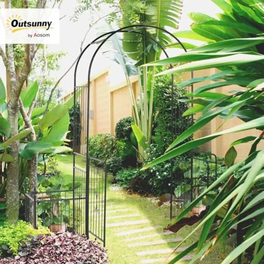 86 Garden Arbor Arch Gate for climbing plants, black metal with trellis sides, locking doors, planter baskets, flourishes arrow