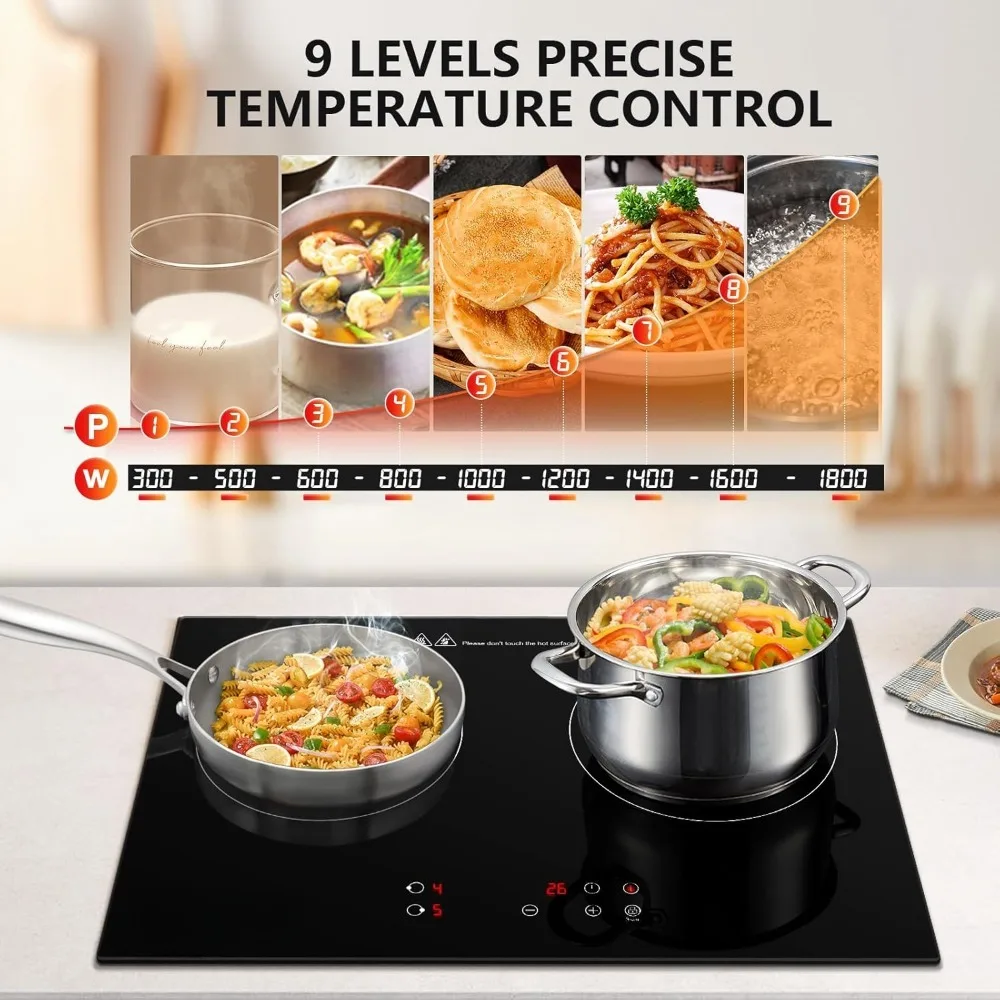 Fogão elétrico de indução para RV, 2 queimadores Cooktop embutido, 9 níveis de potência, temporizador 99-min, fogão de indução dupla