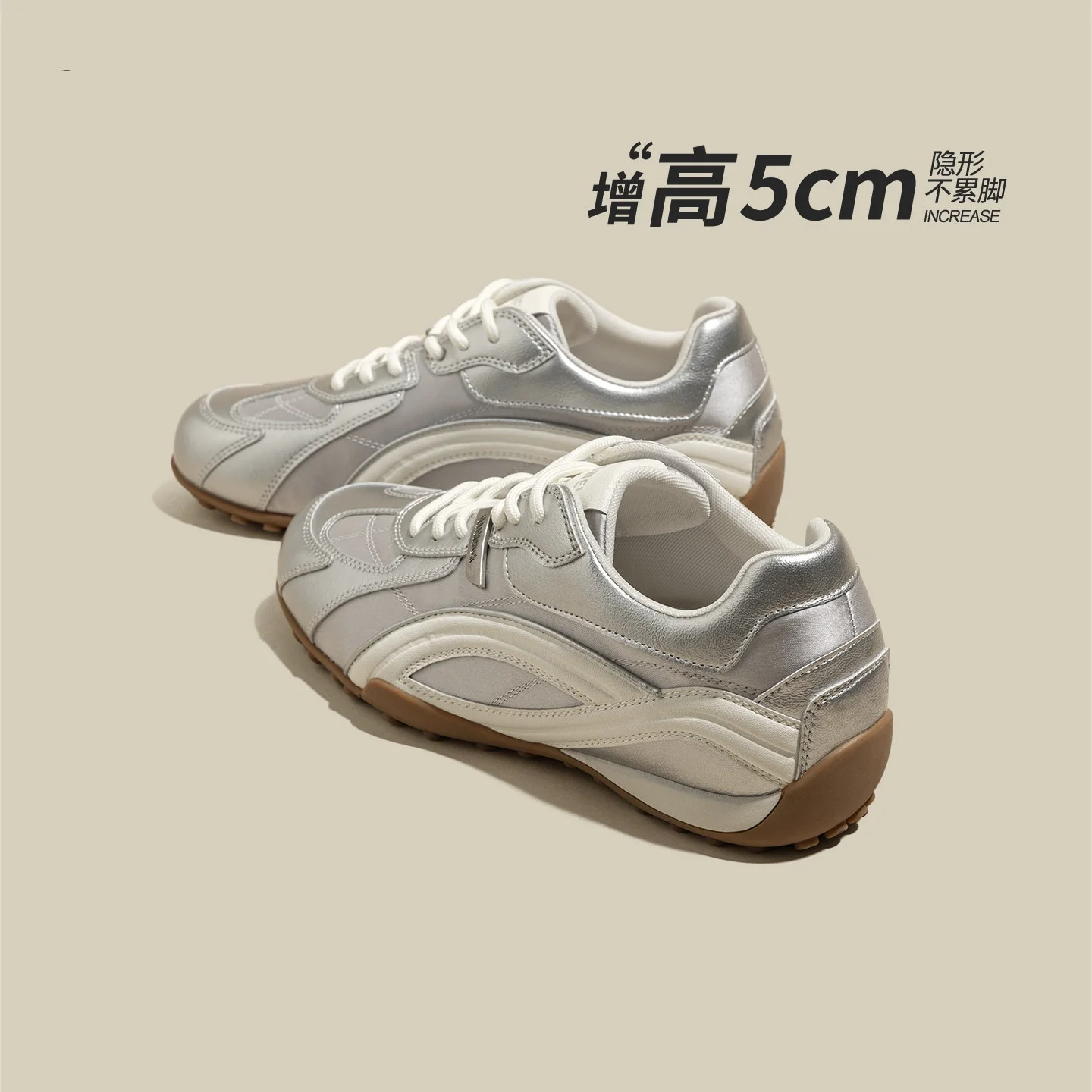 

5CM Hidden Height Increasing Silver Retro Sneakers for Women Lace‑Up Non‑Slip Gum Sole Platform Casual Walking Shoes