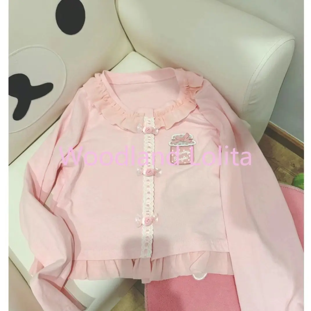 Japanese Autumn Sweet Light Pink Cute Candy Button Long Sleeved Cardigan All Match Mp Jojifuku Soft Girl Blouse Women Y2k Top