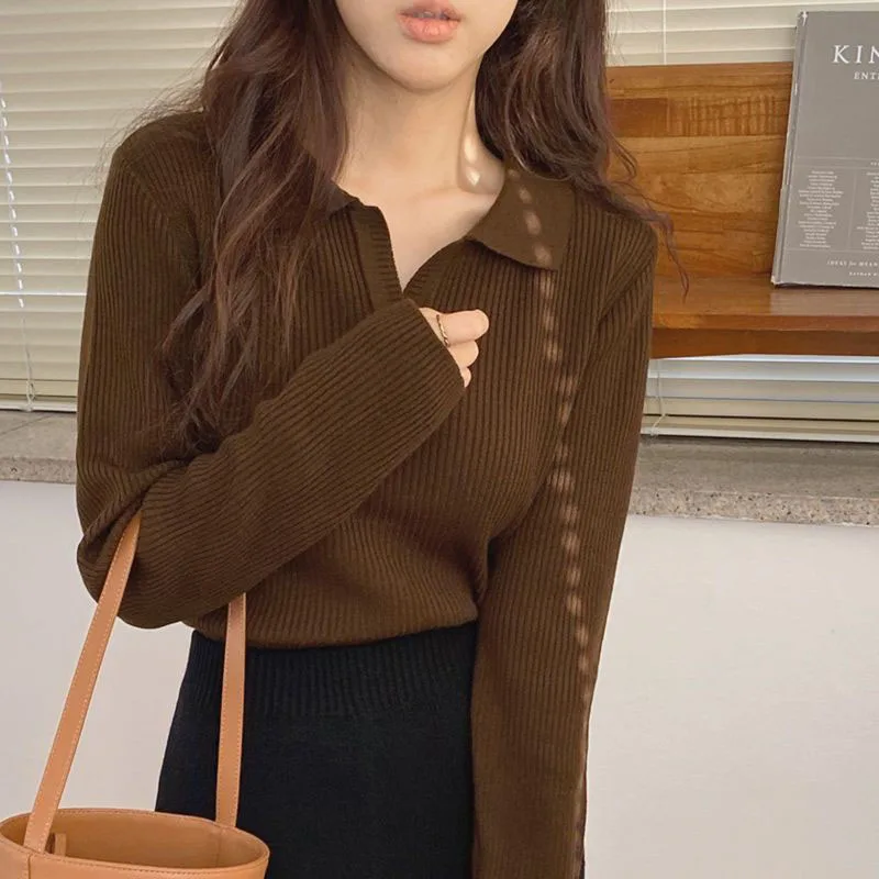 Xpqbb Sweaters for Women Vintage Brown Turndown Collar Knitted Sweater Pullover Female Autumn New Thicken All-match Knit Jumpers