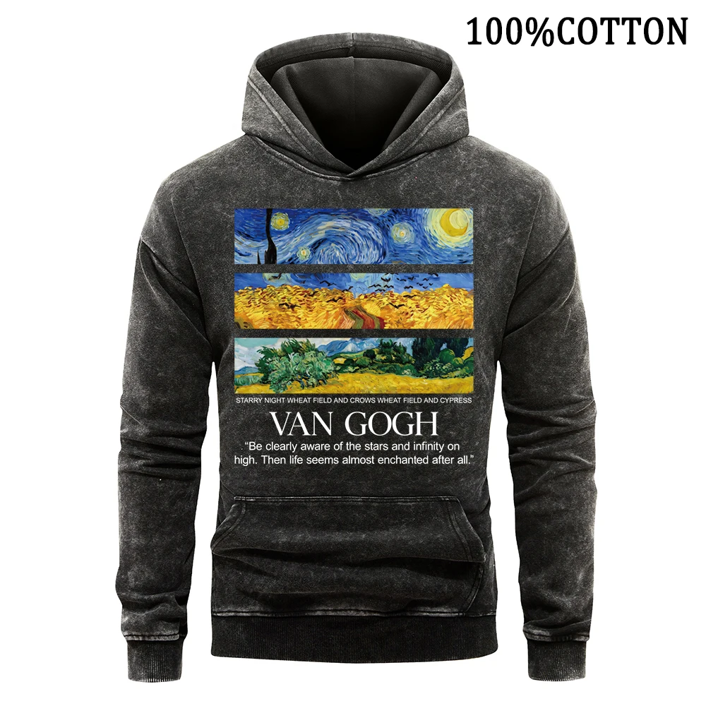 

Van Gogh Staryy Night Famous Painting Man Hoodies Retro Washed Hoodie Cotton Hoody High Quality Soft Pullover Streetwear Tops