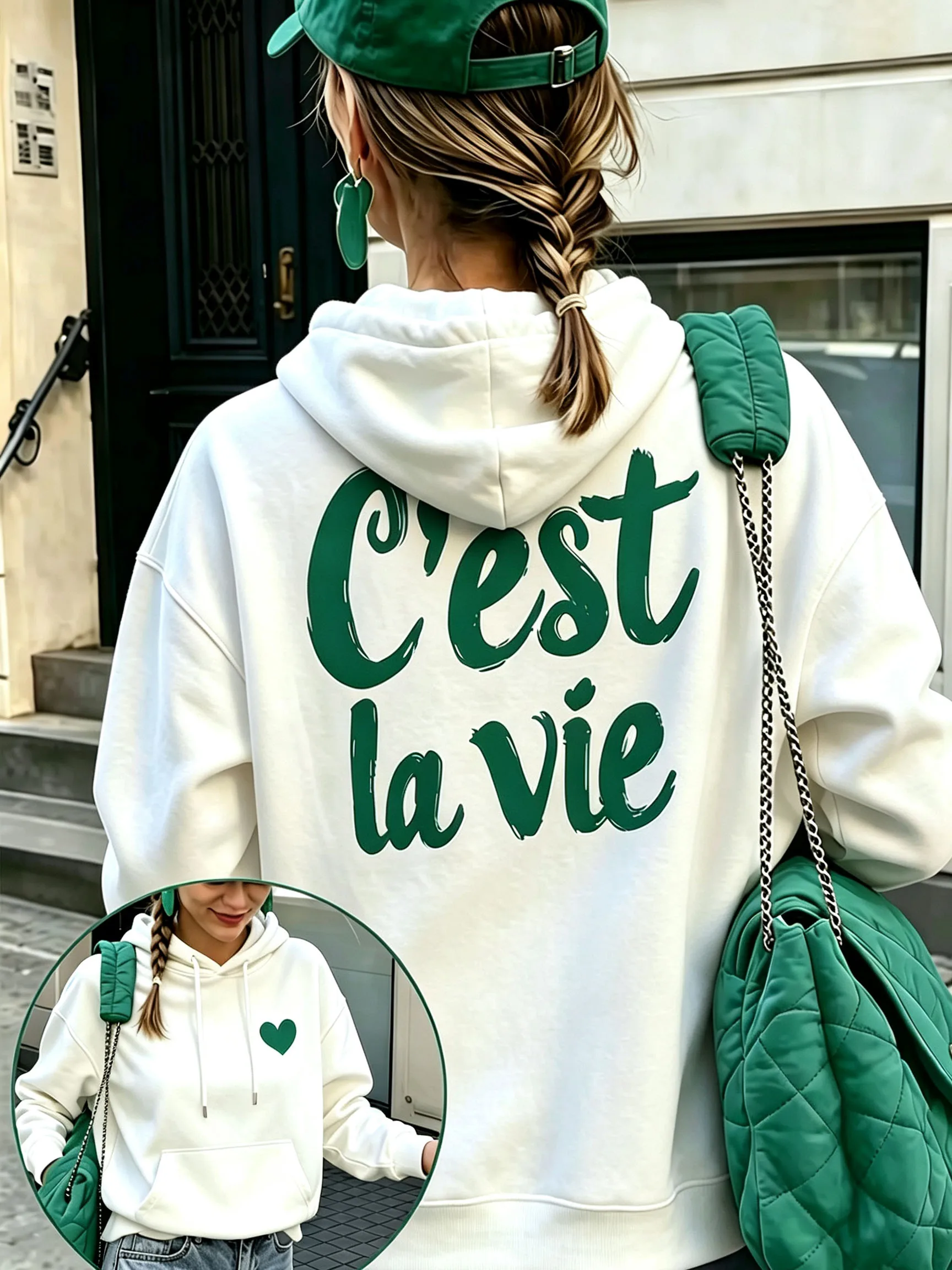 Women Hoodie C'est La Vie Letter Sweatshirt Heart Pattern Long Sleeve Hooded Pullover Casual Streetwear Female Warm Fleece Tops