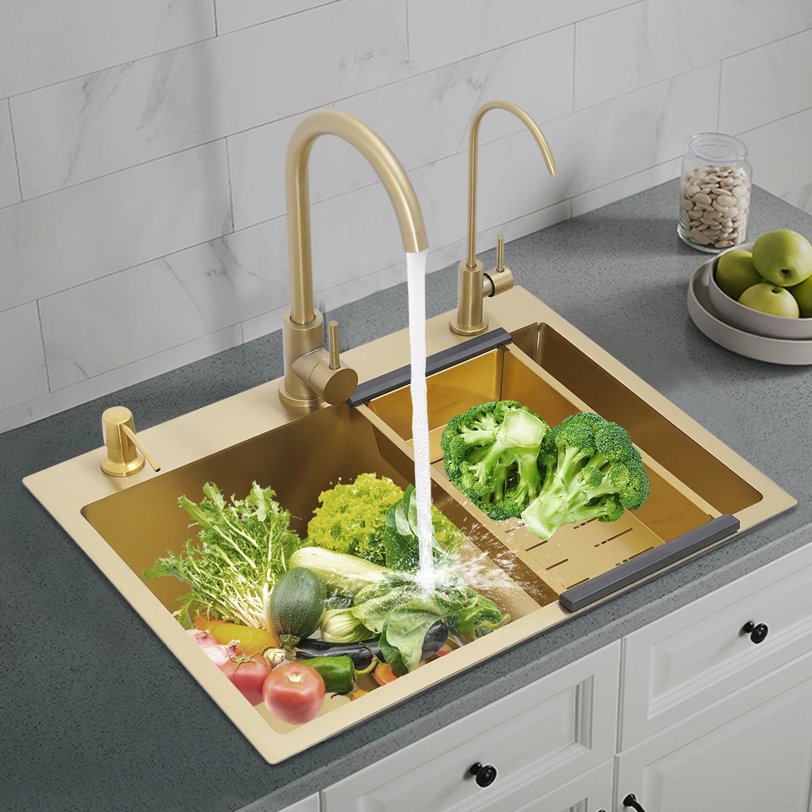 

Gold Drop in Kitchen Sink 23.62x17.72inch Stainless Steel Single Bowl countertop or embedded Kitchen Sink Set 7.87 Inch Depth