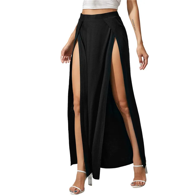 

Women Elastic High Waist Long Skirt Casual Solid Color Side High Split Loose Fit Sweat Absorption Beachwear Skirt for Ladies