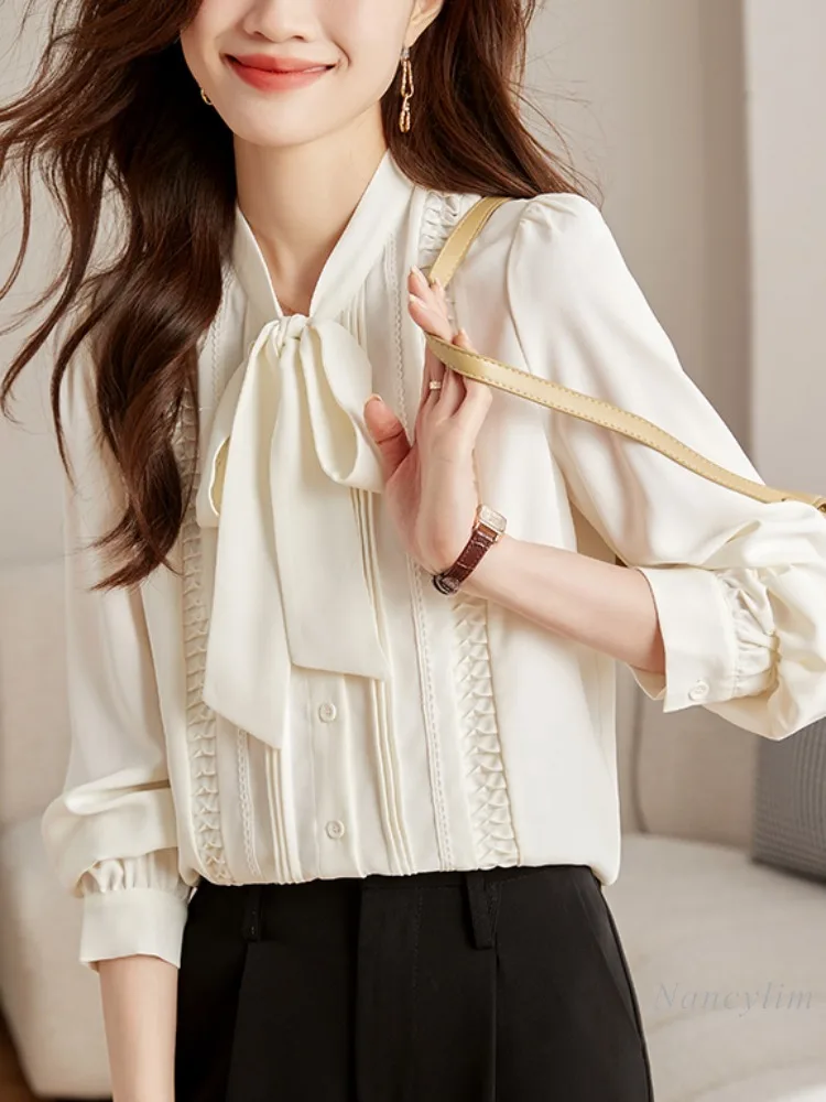 Korean Fashion Bow Chiffon Shirt Women's Spring and Autumn Clothing 2024 New High-Grade Long-Sleeved Top Commuting Daily Blouse