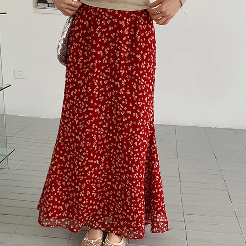 เกาหลีสูงเอวกระโปรงยาวสีแดงผู้หญิง High End ดอกไม้พิมพ์ Faldas 2025 ฤดูร้อนอารมณ์สง่างาม A-Line Maxi กระโปรง
