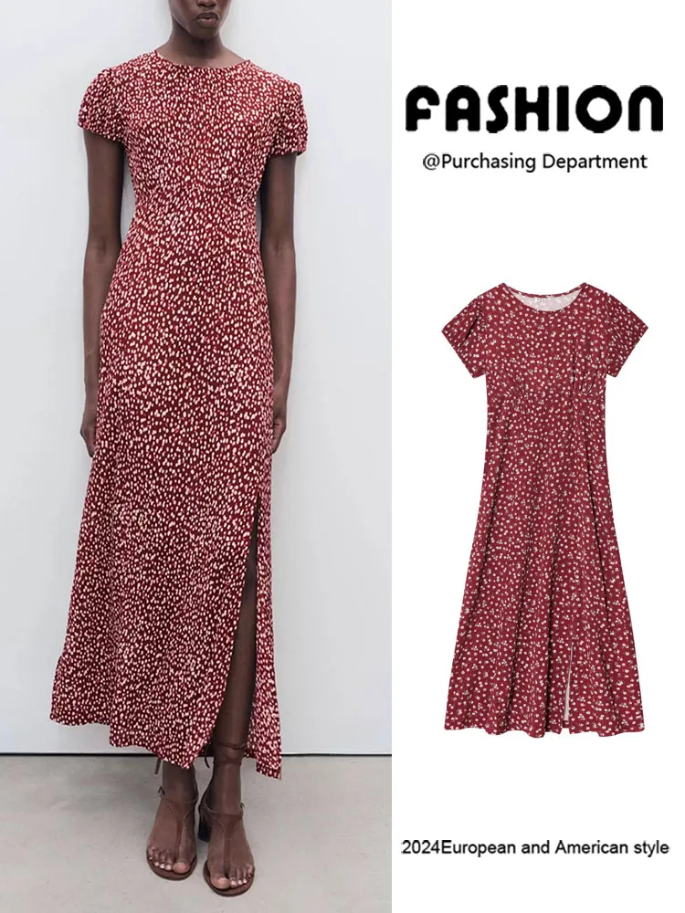 

Faionable Floral Print Holiday Side Slit Bubble ort Sve Straight Cut Women's Dr Autumn 2025 New Arrival