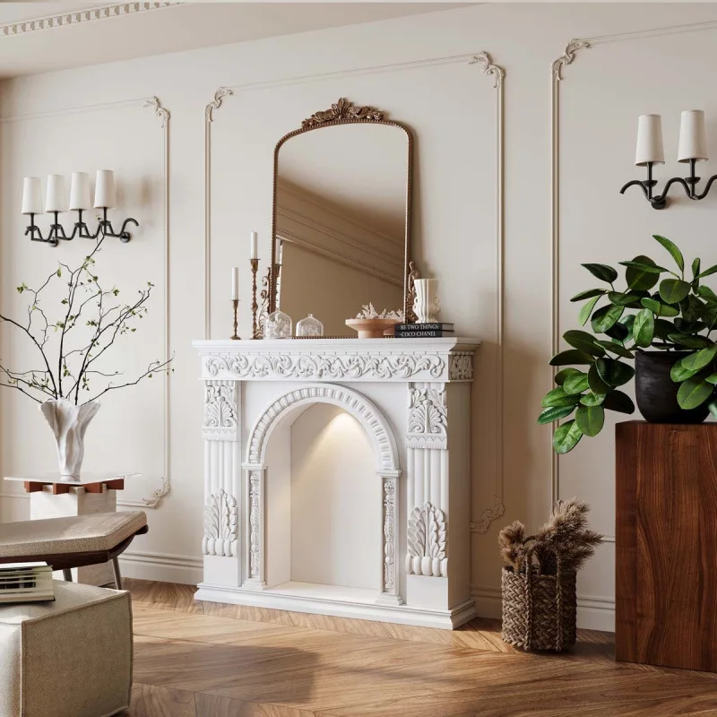 French carved mantel cream wind porch retro storage cabinet with lamp European American living room simulation decoration