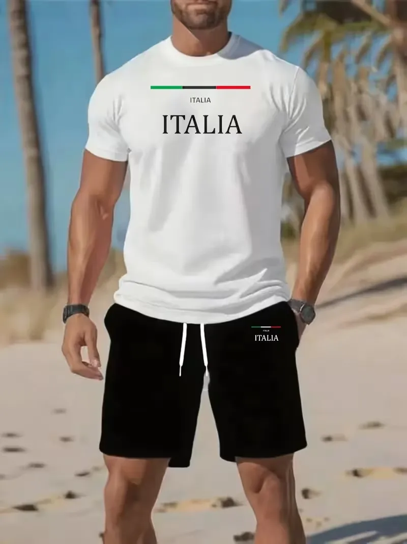 

Summer printed men's casual short sleeved quick drying T-shirt and waist cinching 2-piece sports regular top shorts set,