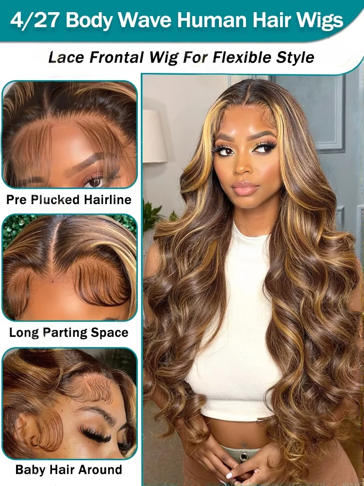 30 Inch Body Wave Human Hair Wig P4/27 Highlight Honey Blonde Color 13x6 HD Lace Wig Pre Plucked 13x4 Lace Front Wigs For Women