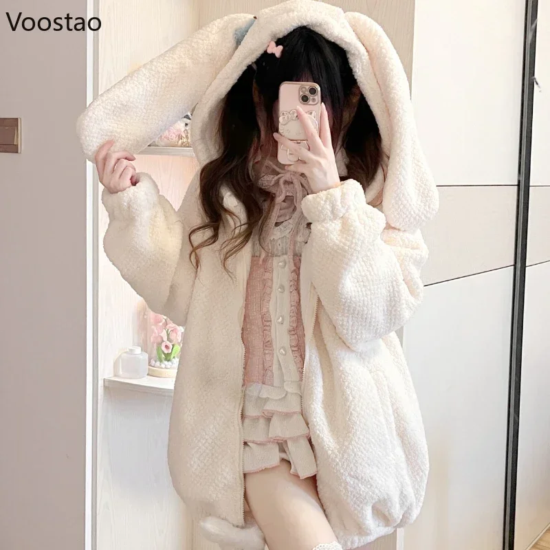 Sweet Lolita Style Rabbit Ears Hooded Coats Women Autumn Winter Fashion Oversize Warm Jackets Cute Y2k Bunny Zipper Sweatshirt