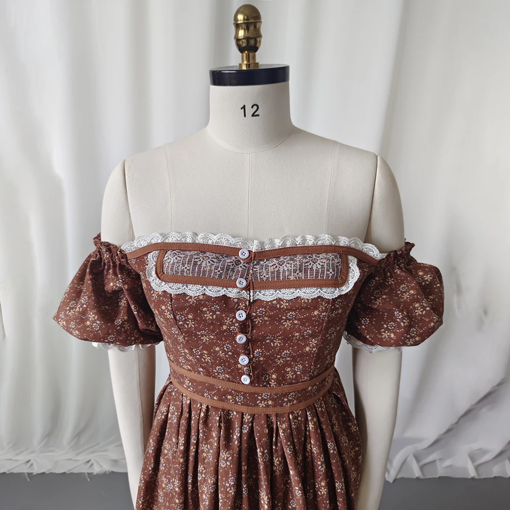 Gaun Hamil Elegan Pemotretan Gaun Hamil Lengan Lentera Bahu Terbuka Motif Bunga Vintage untuk Pakaian Wanita Baby Shower