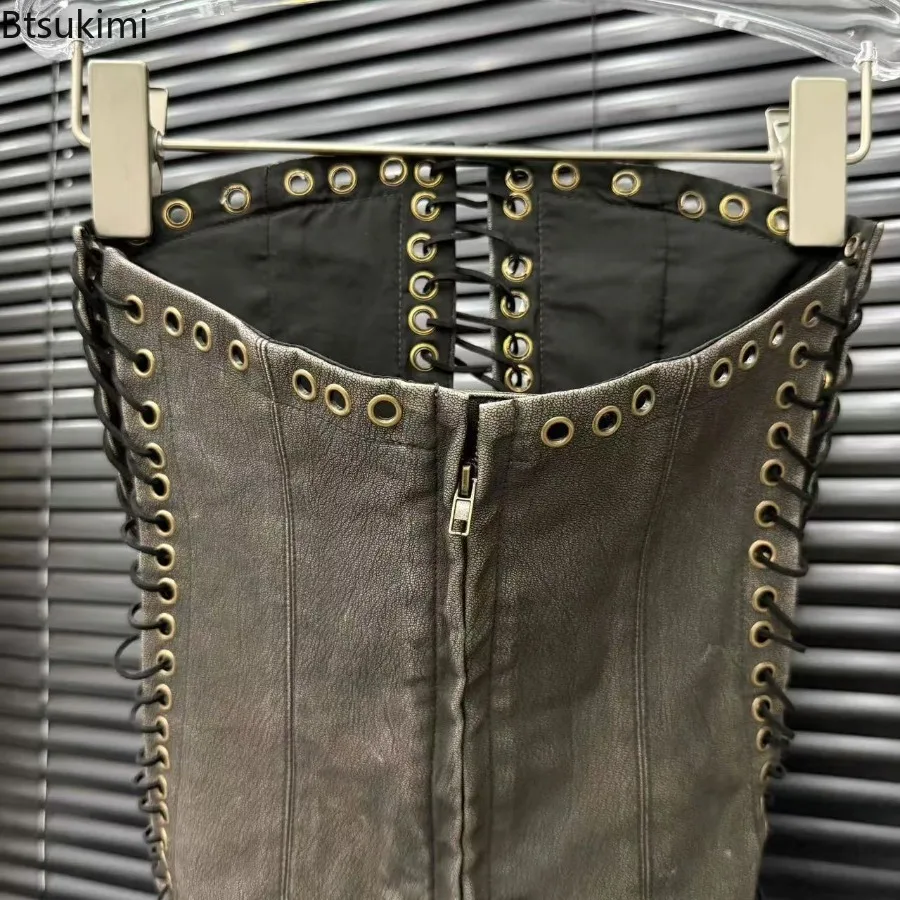 Women Adjustable Hollow Out Lace Up PU Corset Tube Top Strapless Short Vest Street Chic Club Party Sleeveless Fashion Tank Top