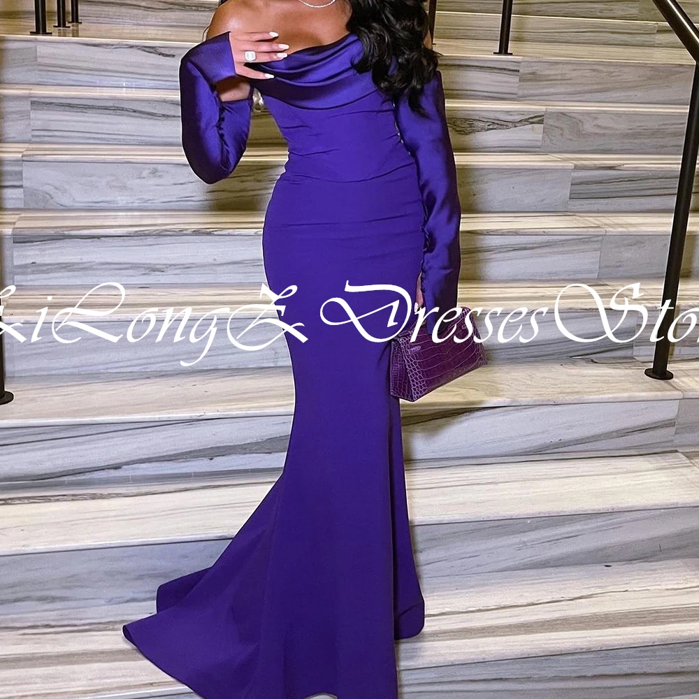 Asymmetric Elegant Party Evening Dresses Woman Detachable Sleeve Sweep Train Floor Length Solid Color Mermaid 4/3 Sleeve Jersey