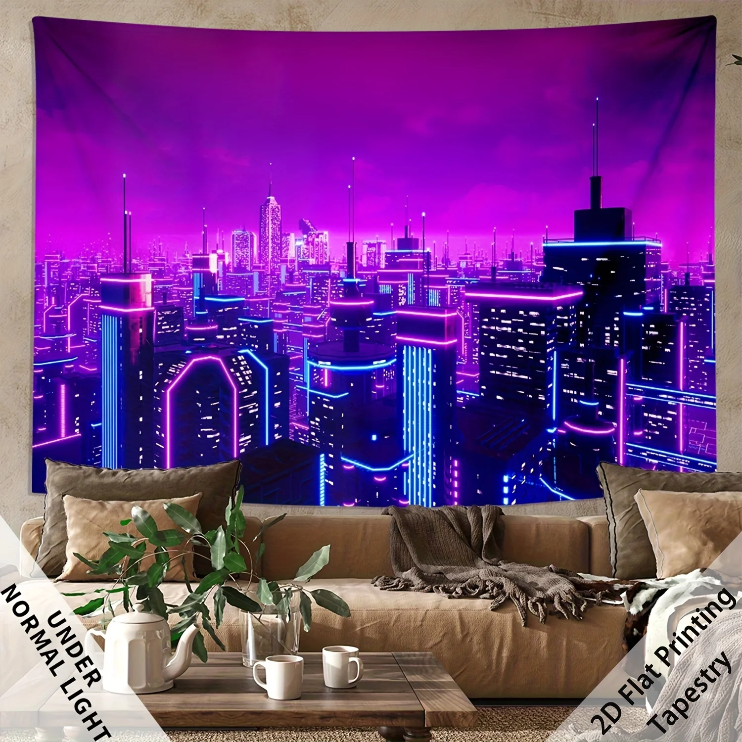 Aesthetic Neon Cityscape Tapestry Wall Decor Synthwave Skyline Digital Print Poster Fabric Art for Modern Home Living Room